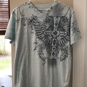 Retrofit t-shirt with design on the front.